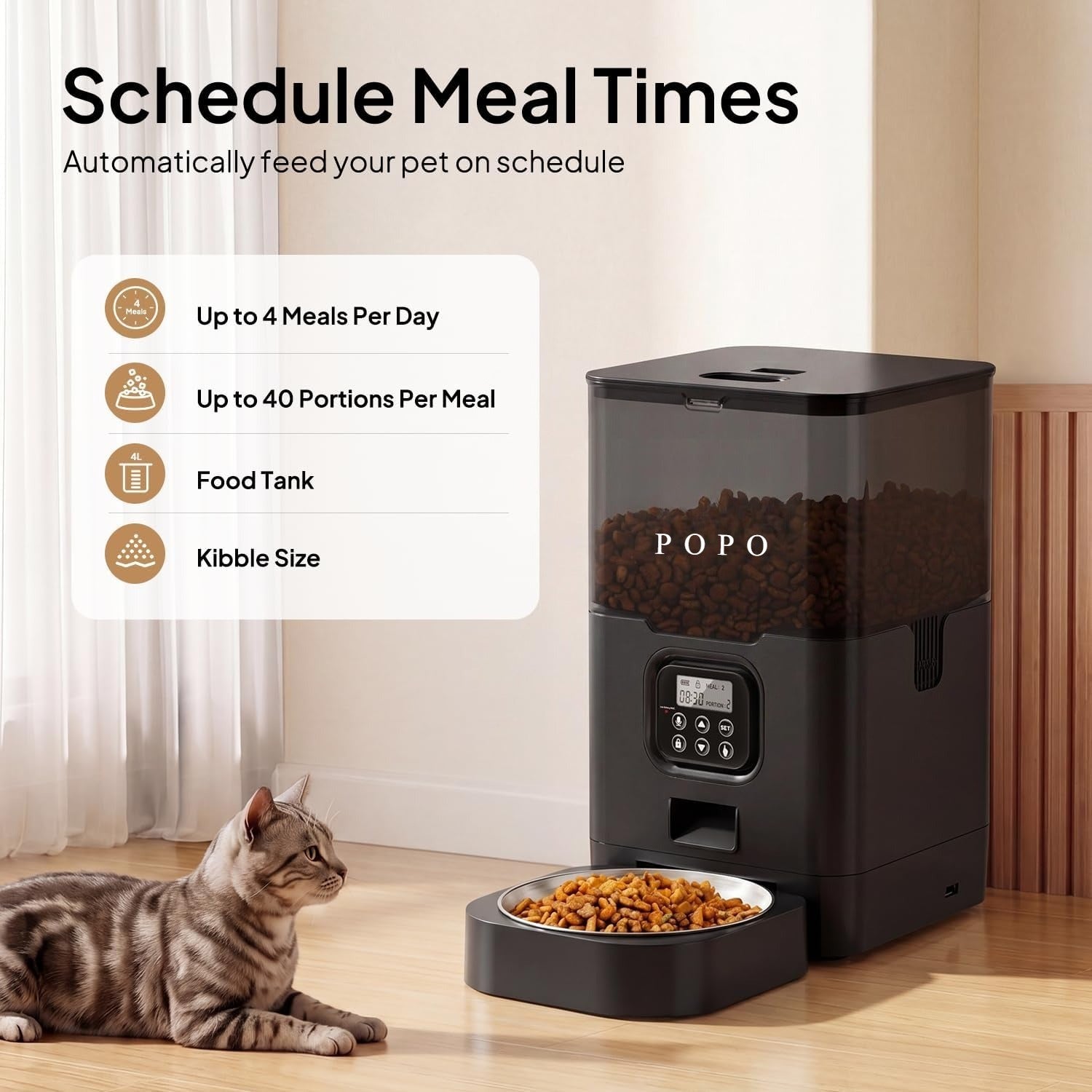 POPO Cat Dry Food Dispenser with Timer, Automatic Cat Feeders with Desiccant Bag, Programmable Portion Size Control 4 Meals Per Day, 10s Voice Recorder