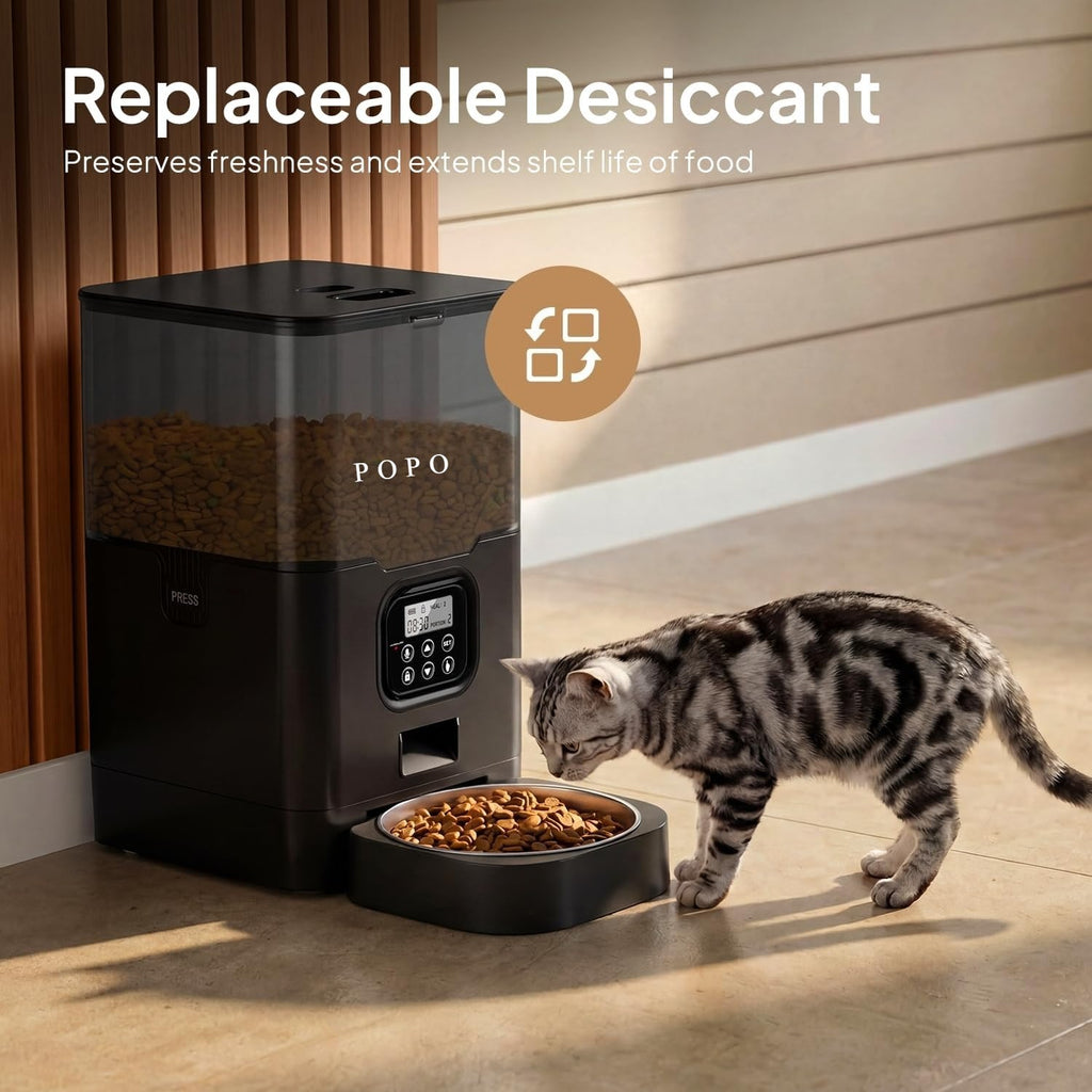 POPO Cat Dry Food Dispenser with Timer, Automatic Cat Feeders with Desiccant Bag, Programmable Portion Size Control 4 Meals Per Day, 10s Voice Recorder
